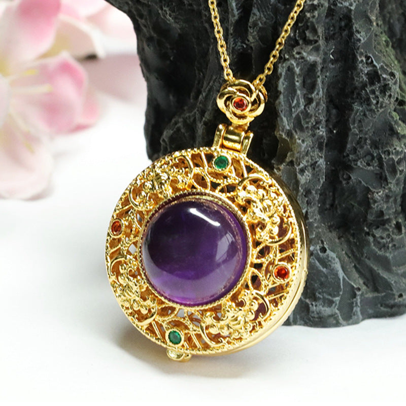 Natural Amethyst Pendant Purple Gem Sachet Openable Necklace CB3091005 