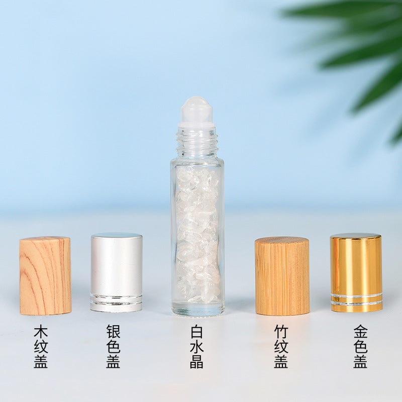 Manufacturer's hot-selling spot 10ml wood grain cap essential oil rolling ball bottle perfume bottle crystal gravel jade rolling ball bottle 