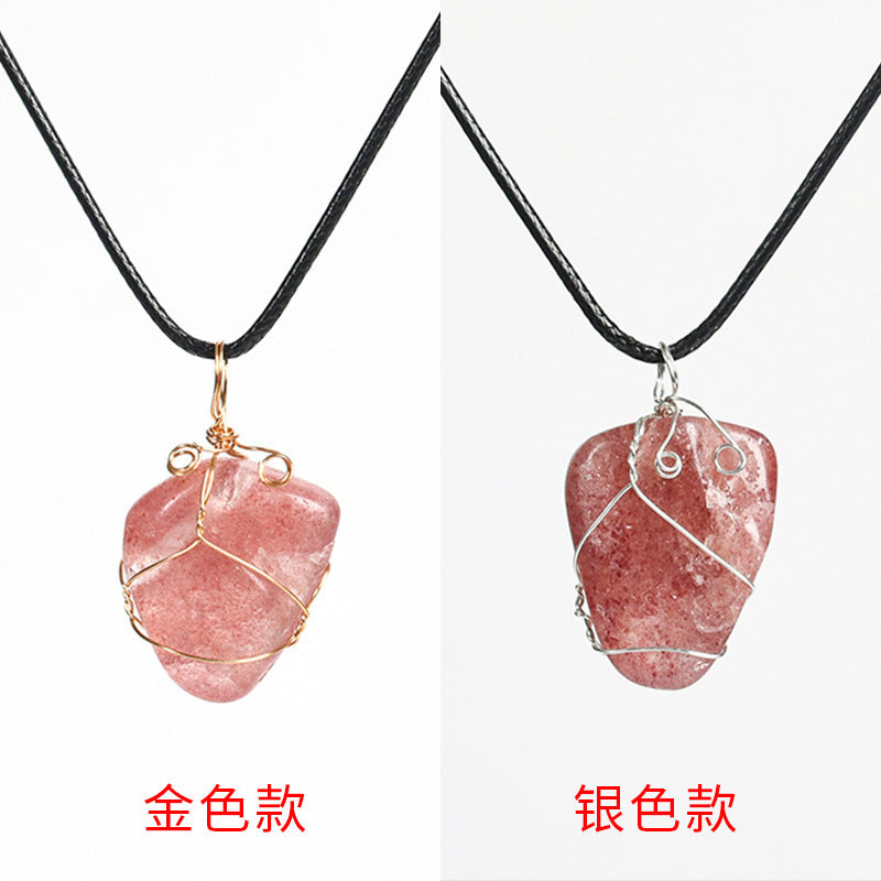 Natural crystal rough stone pendant wrapped around silk European and American pink and white amethyst fluorite irregular stone necklace accessories 