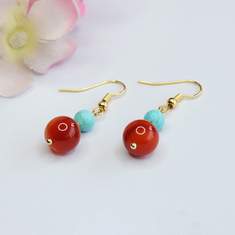 Natural red agate earrings, wire-wrapped striped chalcedony ear hook earrings MN4010102