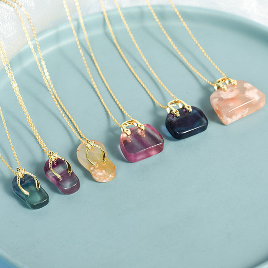 Hot selling natural crystal rough stone shoe-shaped bag-shaped pendant colorful fluorite necklace handmade jewelry 