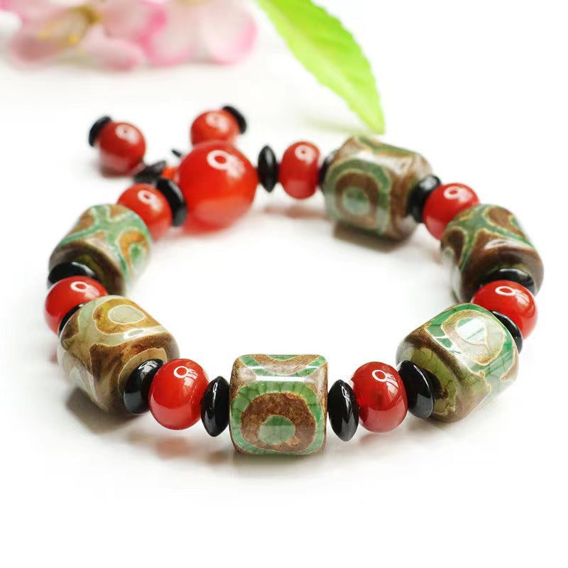 Three-eyed Dzi Beads Red Agate Bucket Beads Bracelet Jewelry MN1122578