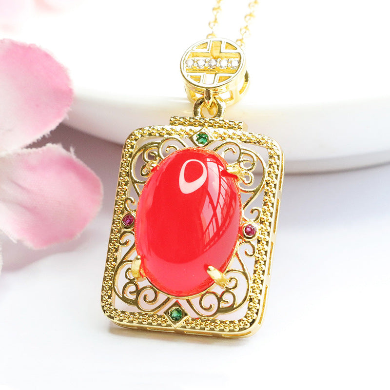 Natural red agate square plate pendant yellow and green chalcedony necklace retro jewelry MN3110513