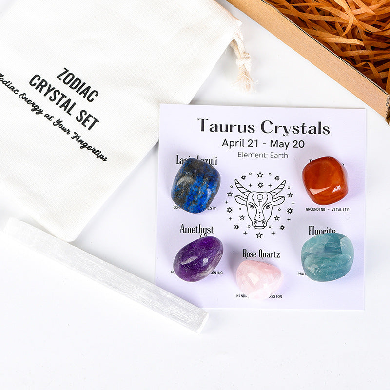 Twelve Constellations Crystal Raw Stone Hot Selling Raw Stone Tumbled Stone Set Festive Gift Indoor Ornament Set Gift Box 