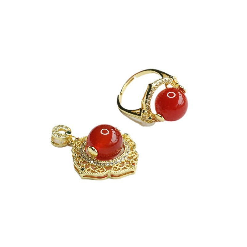 Carnelian set, chalcedony flower pendant ring, two-piece set of women's jewelry MN4060501