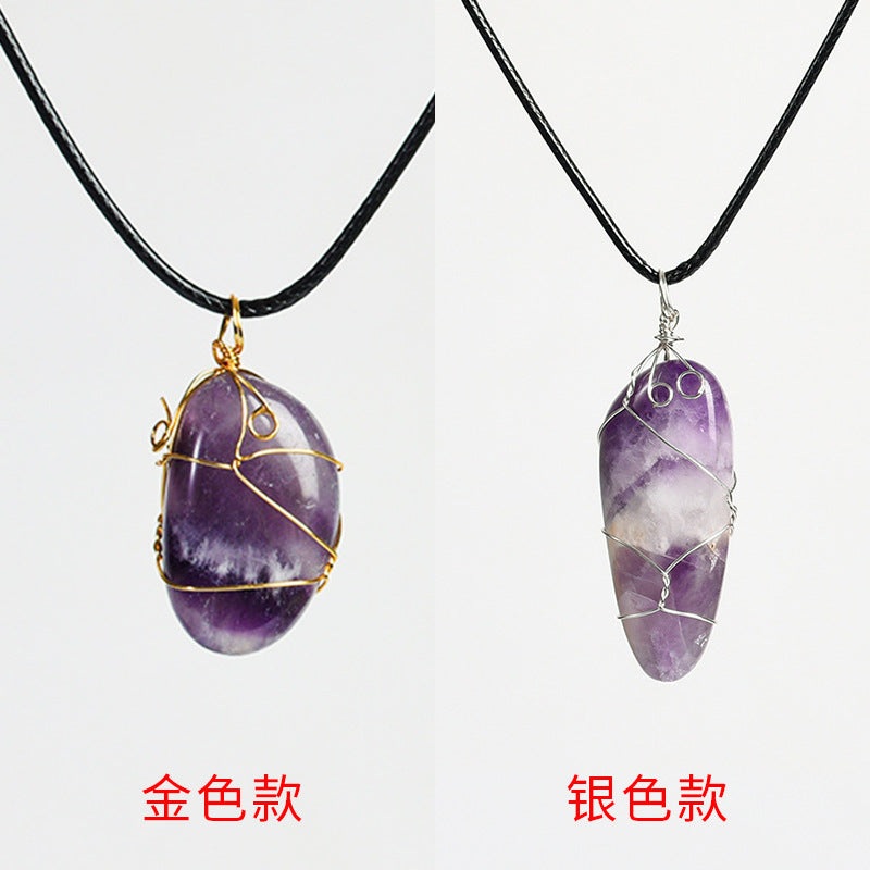 Natural crystal rough stone pendant wrapped around silk European and American pink and white amethyst fluorite irregular stone necklace accessories 